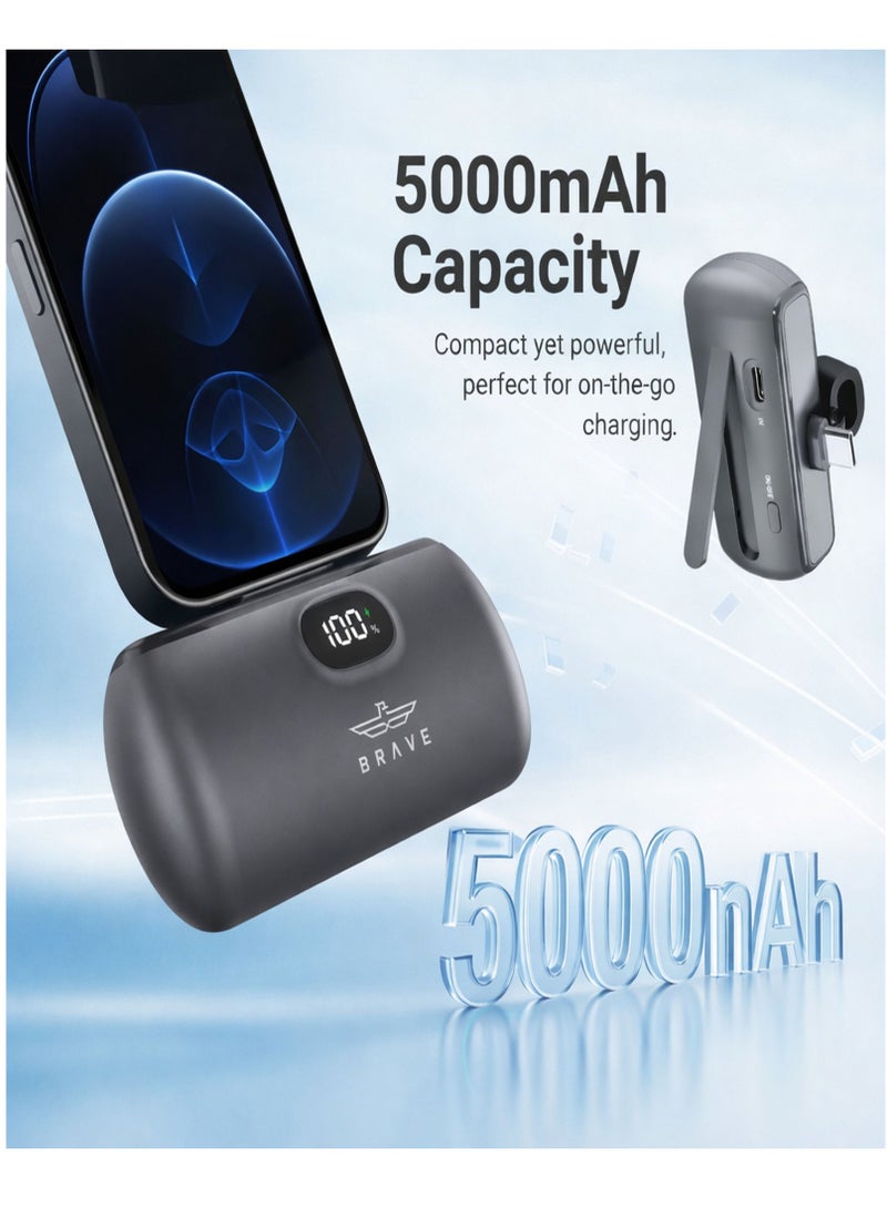 Brave Mini Power Bank 5000mAh - 20W PD Fast Charging, Portable External Battery with LED Display and Foldable Stand, Built-in USB C and Type C Ports - Ultra-Compact Charger Compatible with iPhone Air, iPhone 17/17 Pro/17 Pro Max, 16 Pro Max, 16 Plus, 15 Pro Max, iPad, Samsung Galaxy S25/S24/S23 Ultra, Google Pixel and More - Image 1